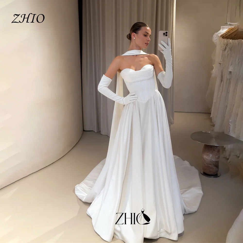 ZHIO Sophisticated Ivory Satin A-Line Sweep Train Strapless Pleated Corset Scarf Sleeves Civil Bride Wedding Dress Customized