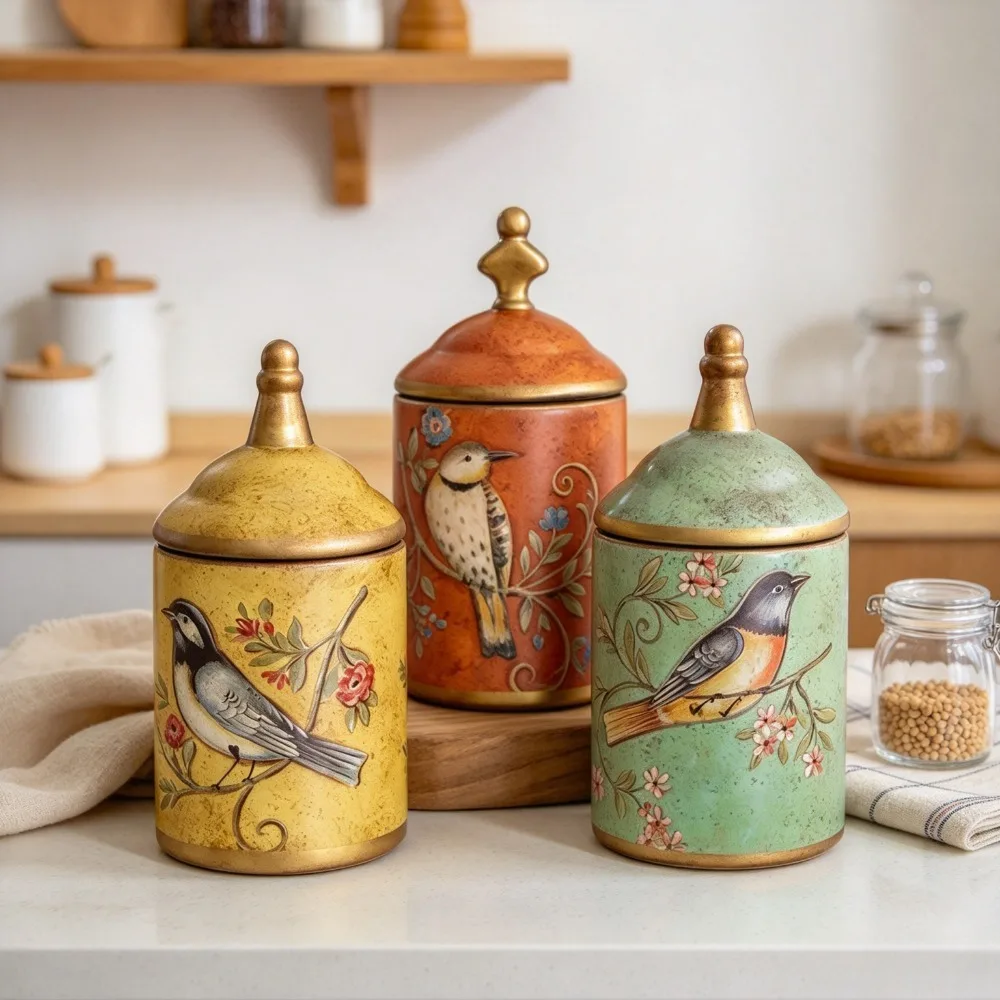 Vintage Ceramic Storage Jar Kitchen Sugar Tea Coffee Canister Moisture Proof Enamel Container Antique Home Decor Organizer