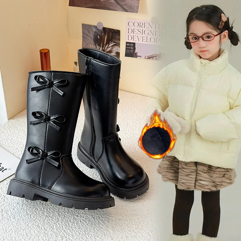 

2025 Autumn Kids Princess Fashion Leather Boots Round Toes Capped Soft Children High Boots Non-slip New Girls Side Zipper