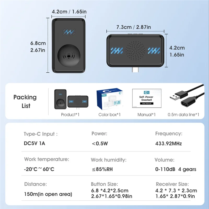 ABGR-Sensore campanello wireless Campanello domestico Cercapersone telecomandato Campanello autogenerato con musica ABS nera