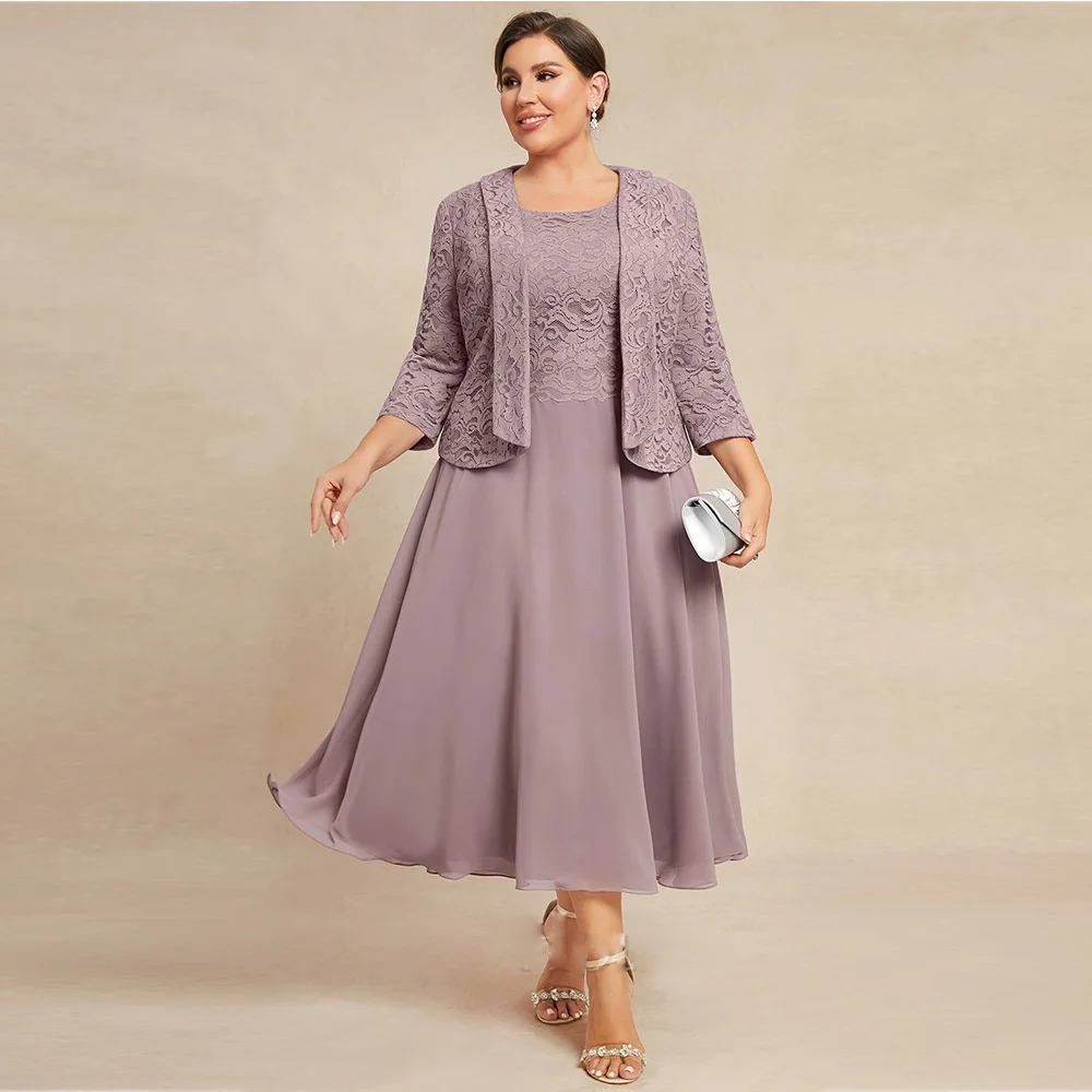 2 Piece Vestidos para Mujer Elegantes y Bonitos Plus Size A-line Mother of the Bride Dress Lace Ruching Wedding Party Dresses