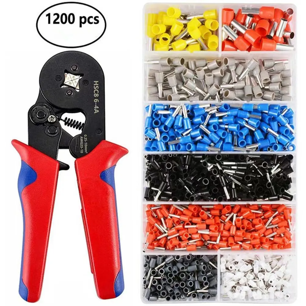 VE-1200pcs Tubular Terminal Sets HSC6-4 Crimping Pliers & Wire-Stripping Pliers Cold-Pressed Terminal Crimping Tool Set