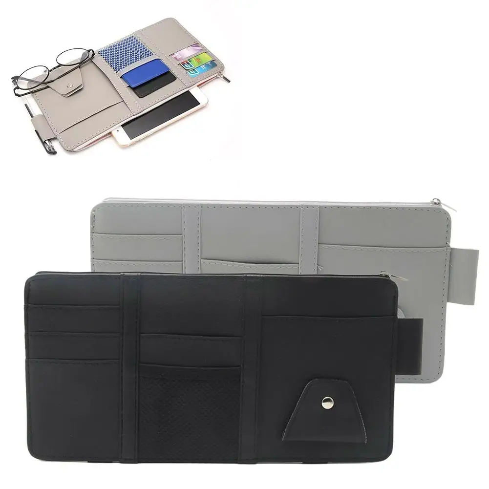 Organizador multifuncional para parasol de coche, gafas de cuero PU, billete con cremallera/tarjeta de visita/bolsa de identificación sin bloqueo de visión para SUV/T B0V2