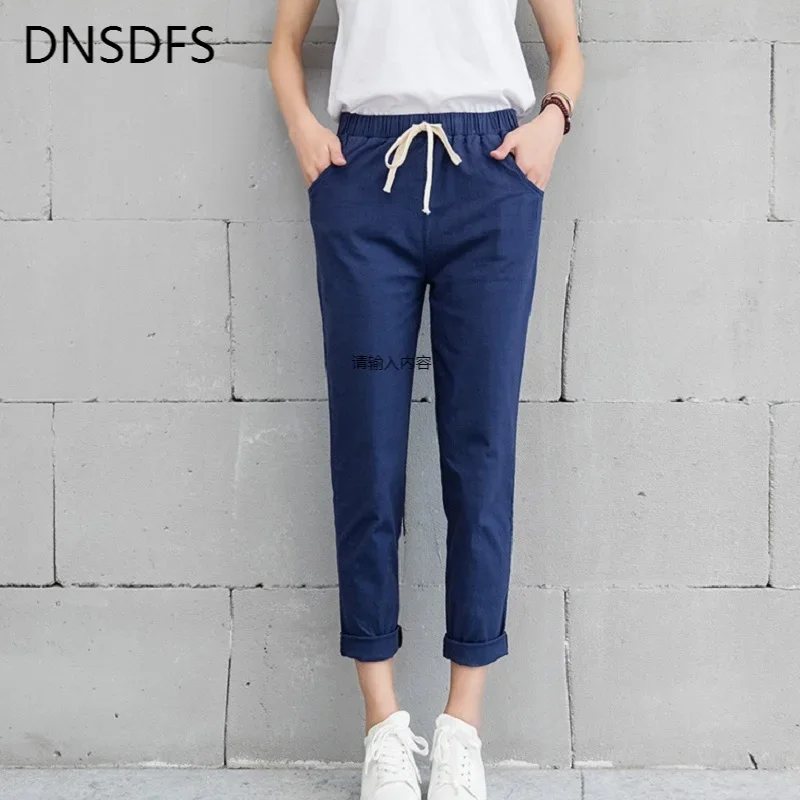 Hot Chic Leisure Cotton Linen Long Pants Women Elastic Waist Pockets Loose Pants Plus Size 2XL Casual Trousers Leisure Pants