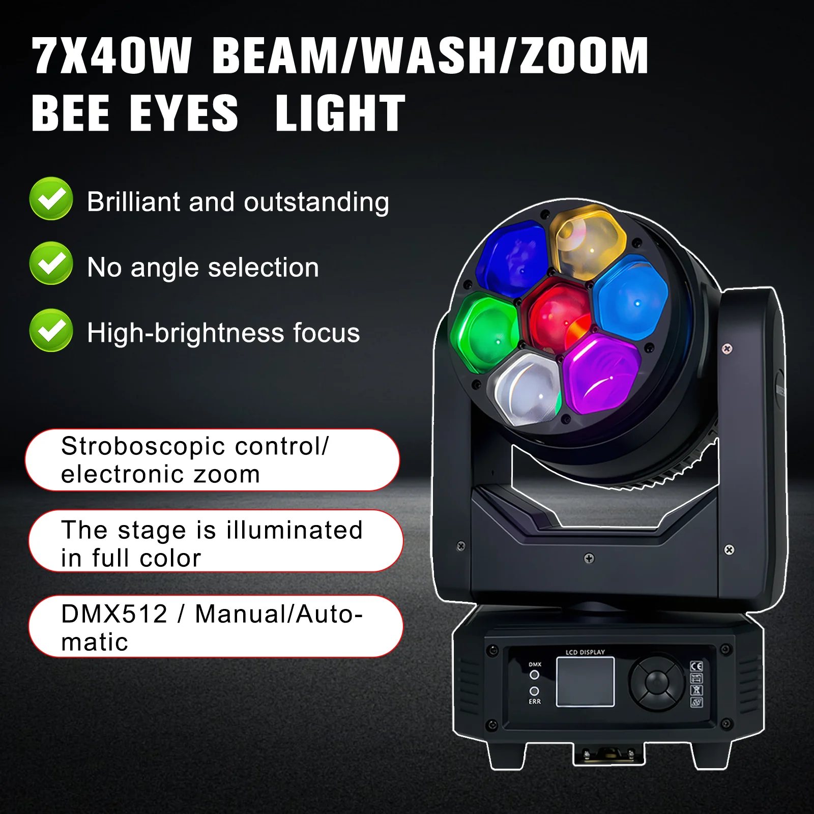 POLET MiNi LED 7x40W Bee Eye Moving Head RGBW 4in1 LED Light Wash/Beam/Zoom, Professional DJ/Bar Lighting Disco Show Stage Lights DMX512