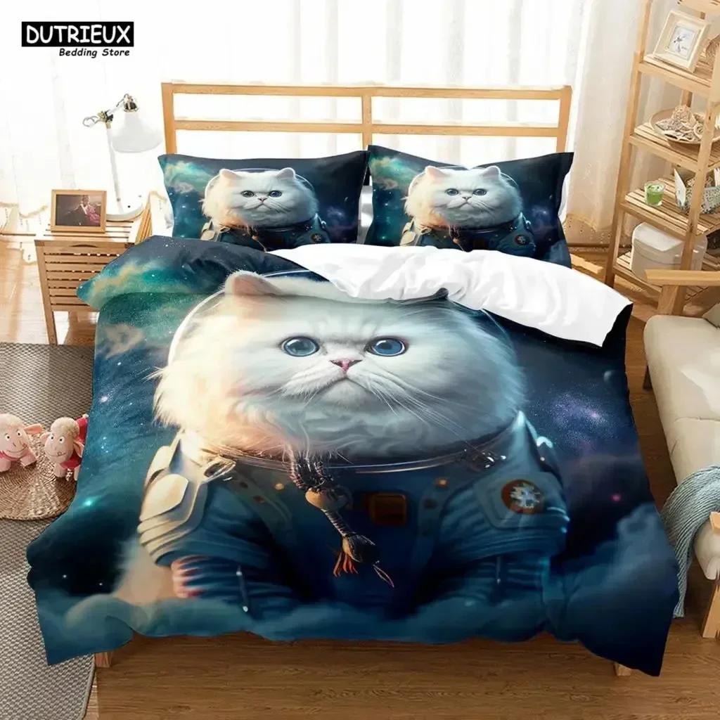 Space Cat King Queen Duvet Cover Cute Astronaut Kitty Bedding Set Universe Pet Animal Dog Quilt Cover Polyester Comforter Cover