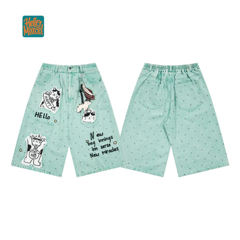 HELLOMARCEL EU US Size Luxury Quality Jean Shorts Street Wear Summer Retro Cartoon Cat Embroidered Denim Shorts For Men Women