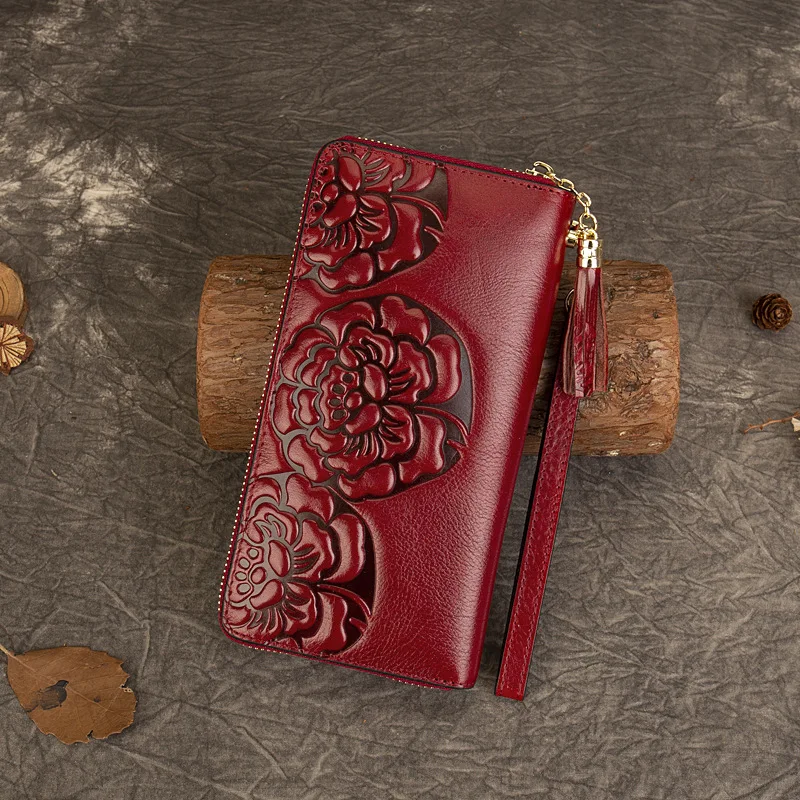 Johnature Vintage Wallet Card Holder 2026 New Genuine Leather Embossed Women Long Wallets Real Cowhide Large Capacity Hand Purse