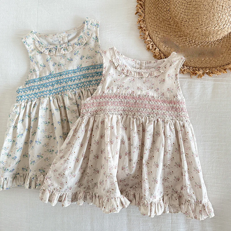 

2024 New Summer Style Children's and Girls' Korean Edition Cute Countryside Versatile Small Flower Printed Dress