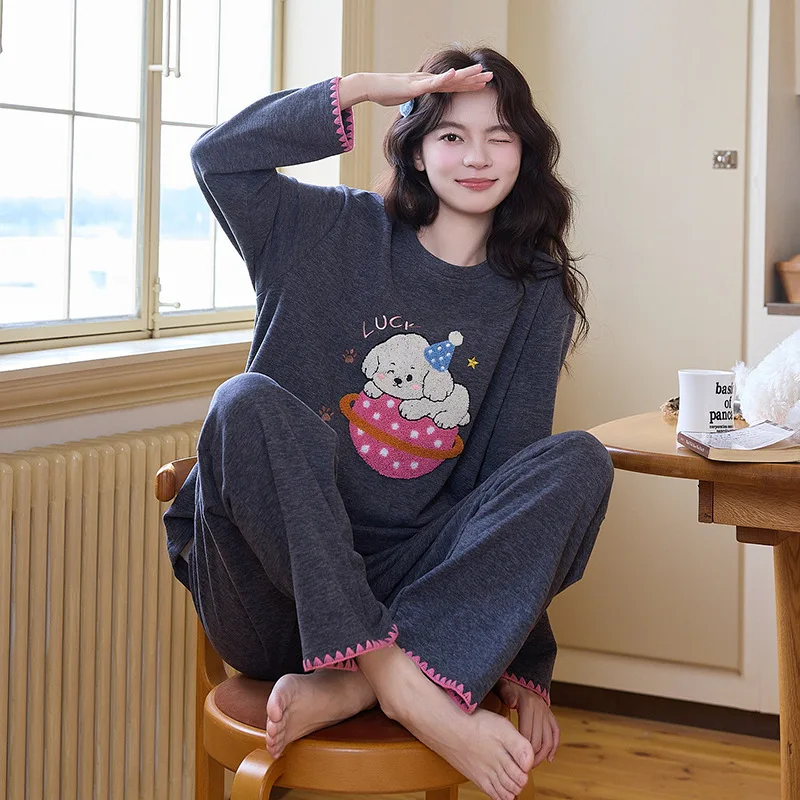 Dog Cartoon Cute Women's Winter Autumn Thermal Fleece Nightwear Female Ladies Loungewar Pullover Autumn Warm Pajamas Mujer