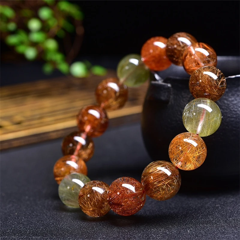 14MM Natural Colored Rutilated Quartz Bracelet Healing Crystal Beads Elastic Charm Bracelets for Women Energy Jewelry Gift