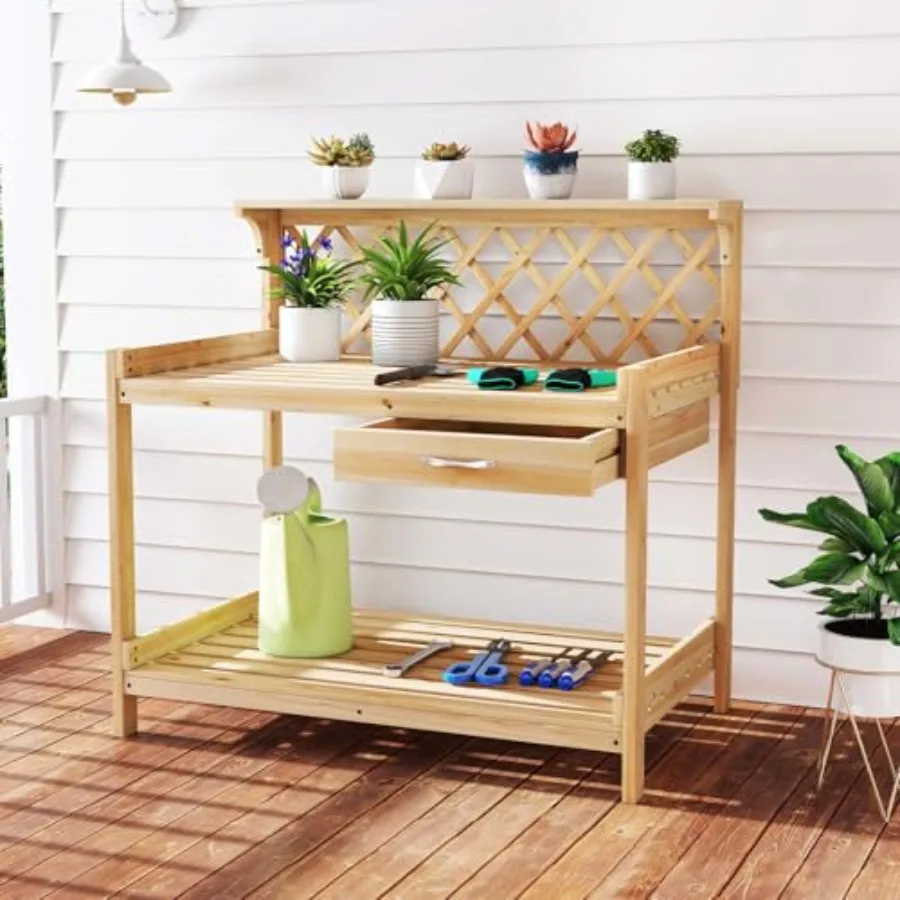 Outdoor Potting Bench For Backyard, Balcony, Lawn Use; Natural Wood Material; Natural Color; 3-Tier Shelves, 1 Drawer, Lattice