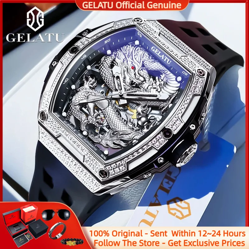 

GELATU 6021 Luxury Men Watch Brand Original Automatic Mechanical Watch Hollow All Diamond Golden Dragon Men Watch Reloj Hombre