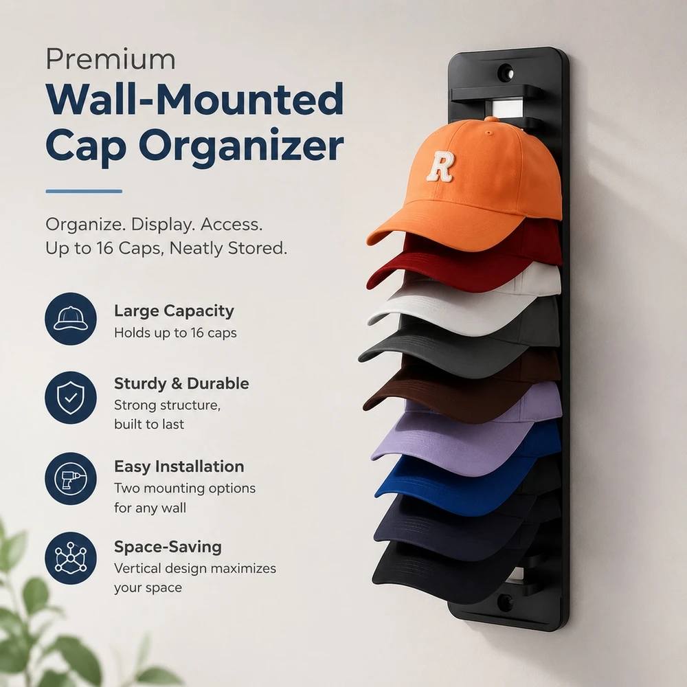 Wall Mounted Hat Organizer for 16 Caps No Drill Adhesive Hook Rack Saves Space in Closet Dorm Office