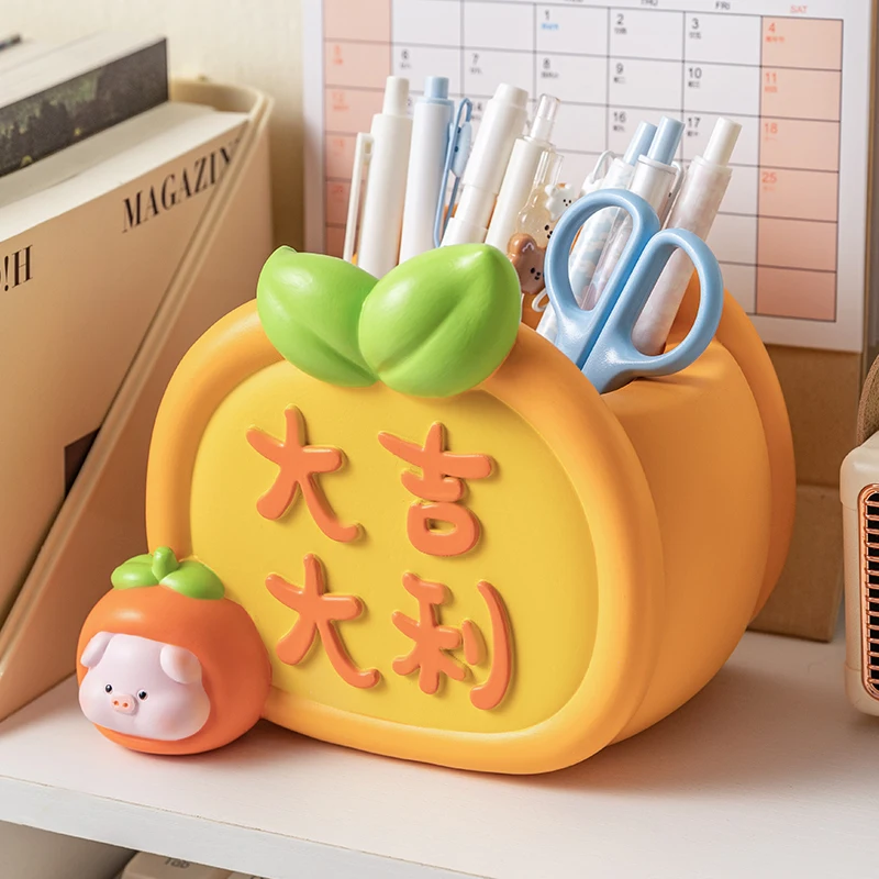 Cute Persimmon Pig Desk Pen Holder, Multi Compartment Desktop Storage Organizer, Good Fortune Collectible Tabletop Decor Ornamen
