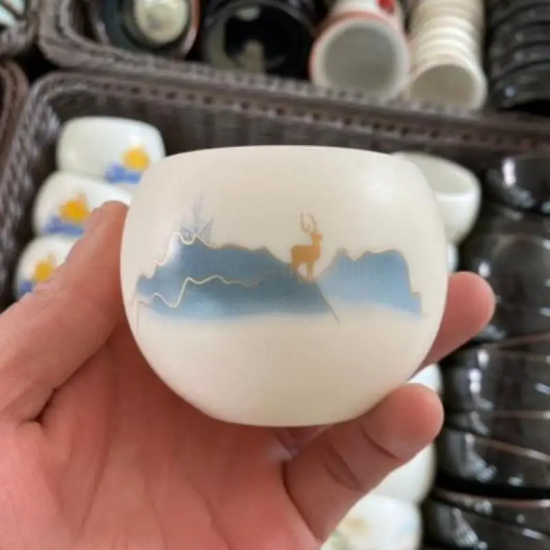 China Jingdezhen Sheep Fat Jade Porcelain Hill Sika Deer Beautiful Scenery Cup