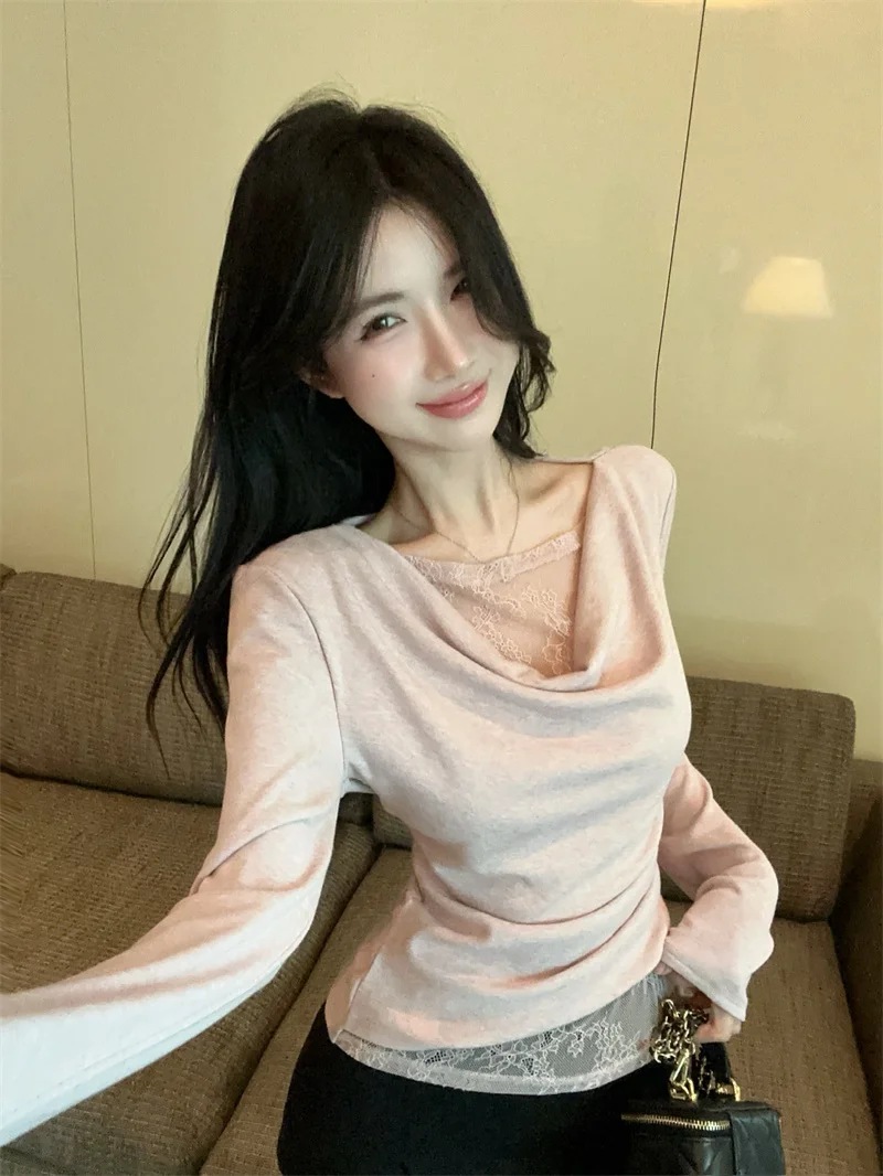 

Pure Desire Sweet Spicy Long Sleeve T-Shirt Women's Spring New Style Lace Splice Shoulder Bared Elegant Base Shirt Top