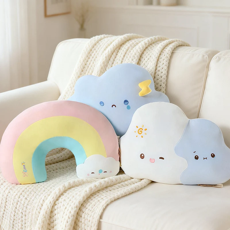 Decorative Pillow Cloud Rainbow Plush Soft Face Expression Desk Window Bedroom Decor Ornament Holiday Birthday Gift