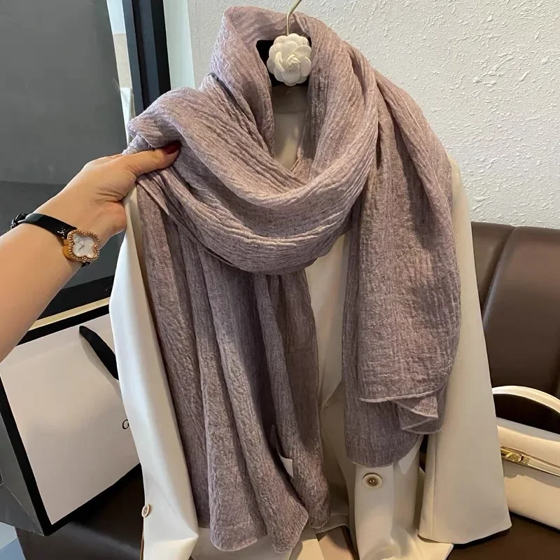 Tie Dyed Retro Artistic Pleated Cotton and Linen Scarf Long Autumn and Winter Women\'s Warm Shawl Casual Gauze Khaki Color Gift