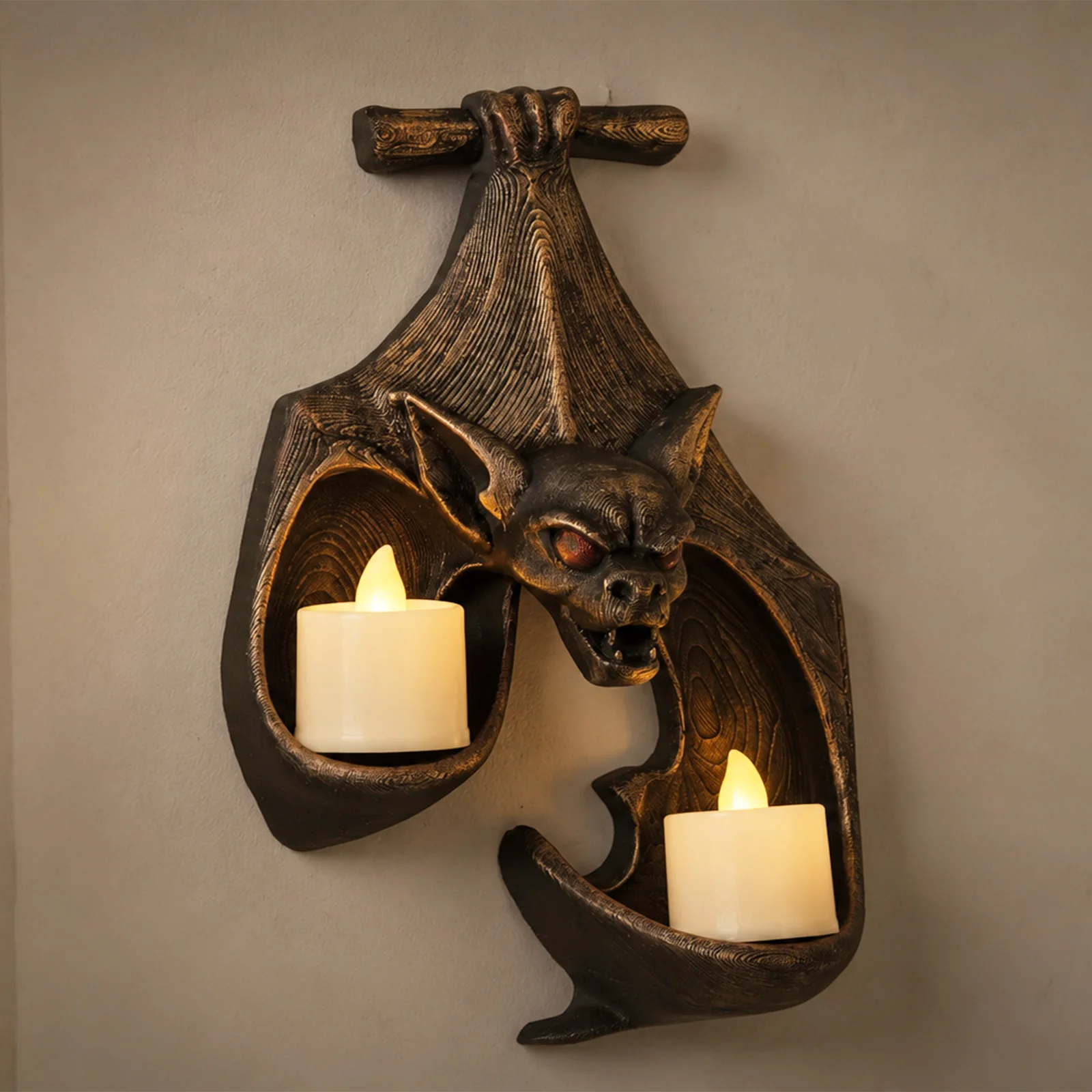 Cross-border Vintage Bronze Upside Down Bat Wall Mount Candle Holder, Dark Gothic Halloween Wall Candle Sconce Decor