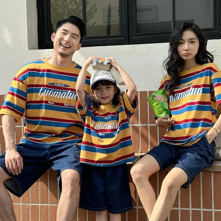 

2025 Summer Paren-child Matching Outfits Striped Print T-shirt+Shorts 2 Pieces Suit Casual Loose Streetwear Cotton Soft Tee Tops