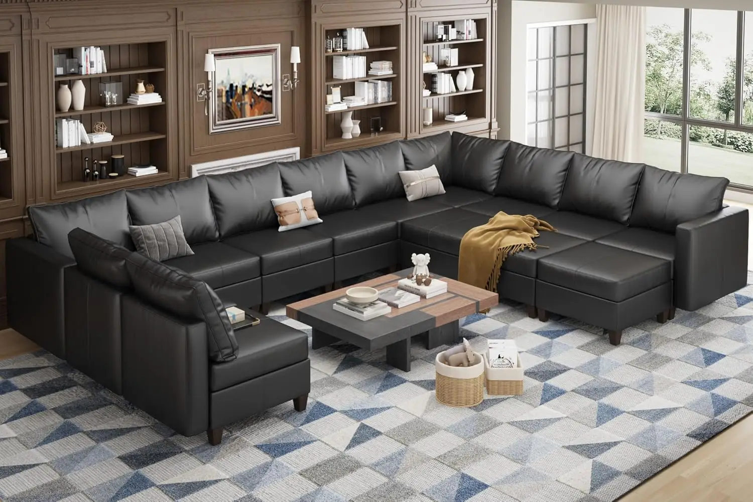 Customizable Modular Sofa with Storage Ottomans, Faux Leather U Shape  Couch Convertible Modular Sofa with Reversible Chaises