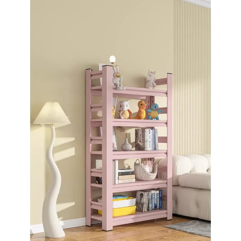 

Pink simple bookshelves, multi-layer floor storage shelves, home color living room, library, steel children's bookcase