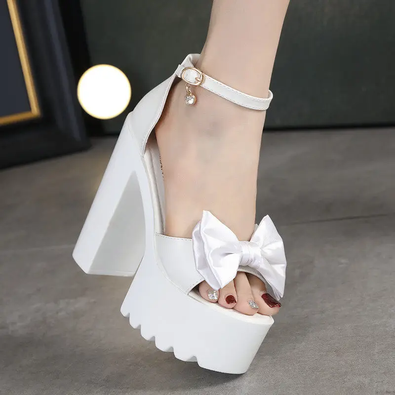 

2026 Women's 14/16cm Platform Block Heel Sandals Bow Ankle Strap Open Toe White/Black Bridal Wedding Footwear