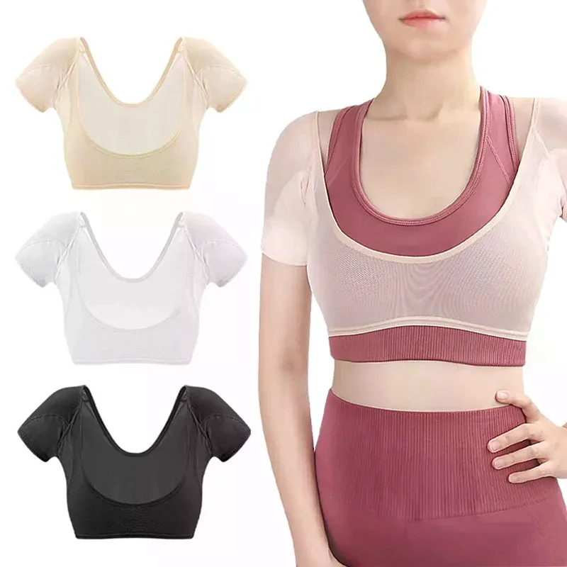 Transparent Mesh Ultra-thin Vest Absorbent Deodorant Pad Women T-shirt Washable Sweat Proof Under Top With Underarm Sweat Pads