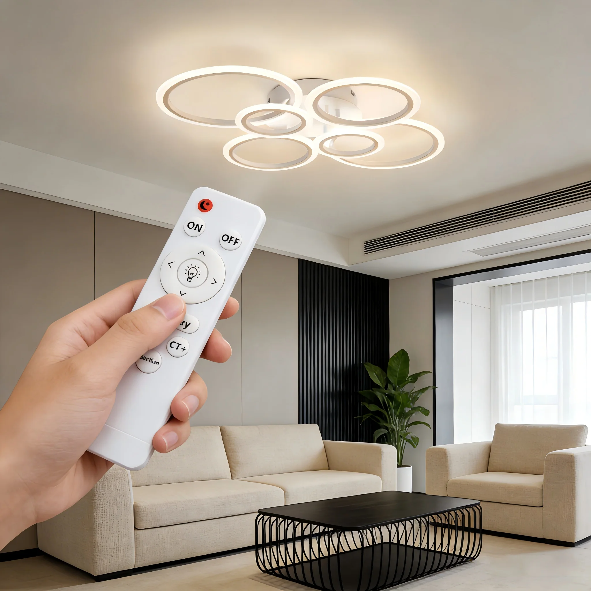 Moderne LED-Deckenleuchte, 6-Ring Dimmbare Deckenlampe mit Farbwechsel (3000-6000K) für Wohnzimmer, Geeignet für Schlafzimmer