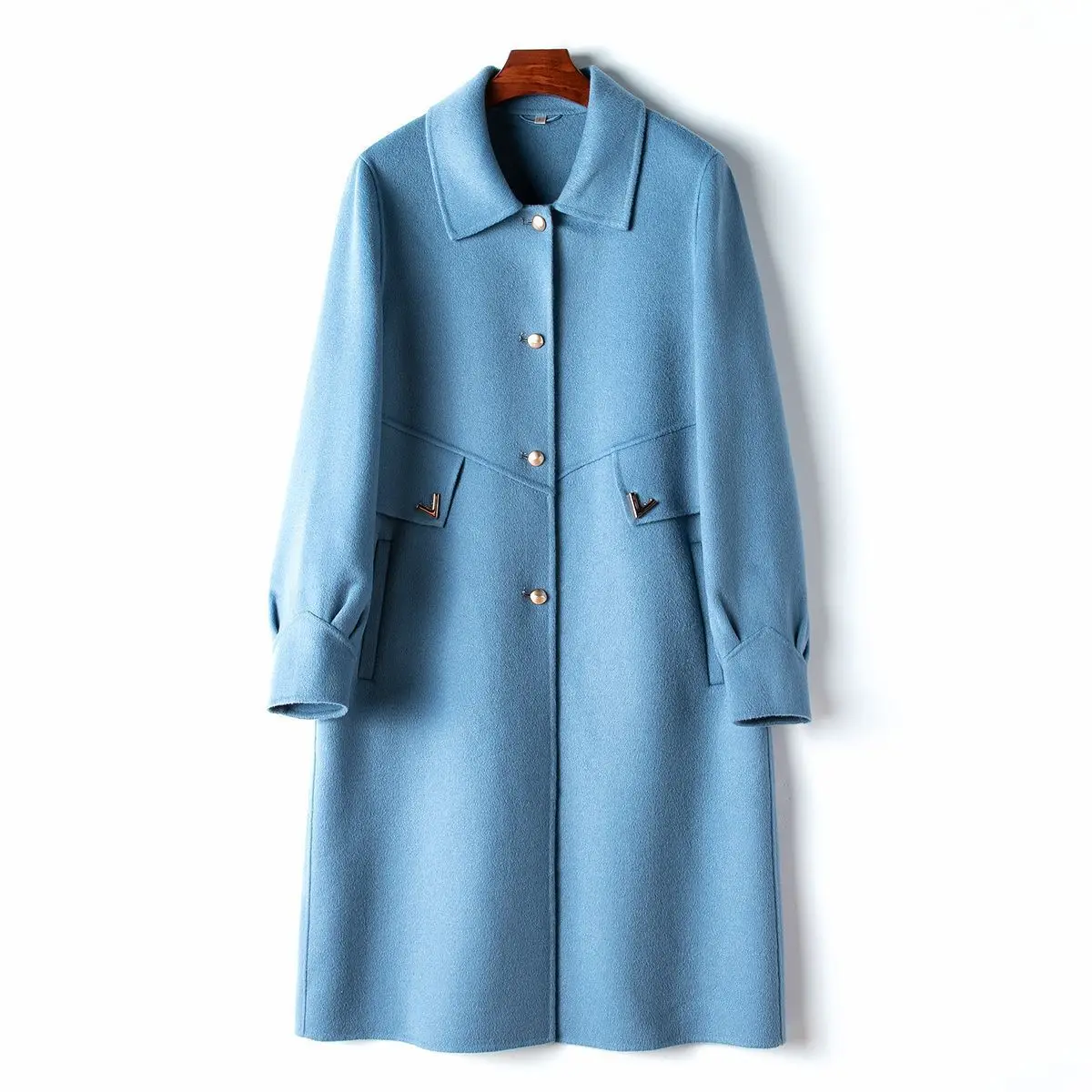 Long term in stock spring new 100% wool woolen coat Haining 2024 women's slim fit double-sided woolen long coat