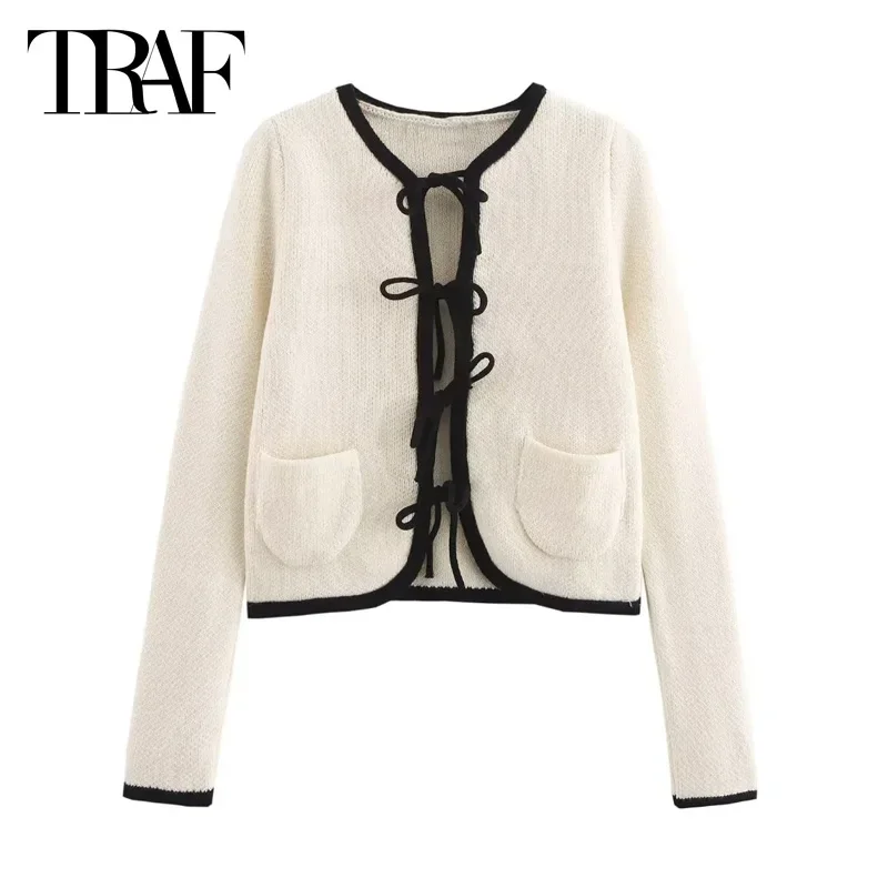 TRAF Butterfly Lace-Up Knitted Top Women\'s Cropped Sweater Top 2024 Autumn Ladies Fashion Elegant Long Sleeve Short Knitwear