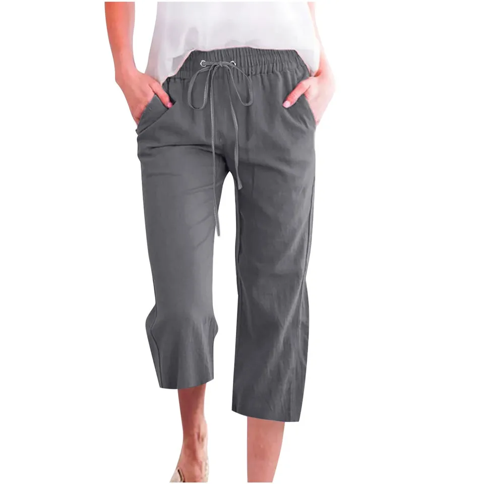 Pantalon Femme Coton Lin Été – Taille Élastique Avec Cordon, Poches Profondes, Jambes Droites Confortables Et Respirantes Pour Plage, Yoga Ou Quotidien