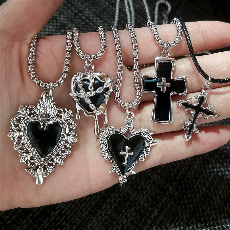 Gothic Y2K Black Thorn Cross Heart Pendant Choker Box Chains