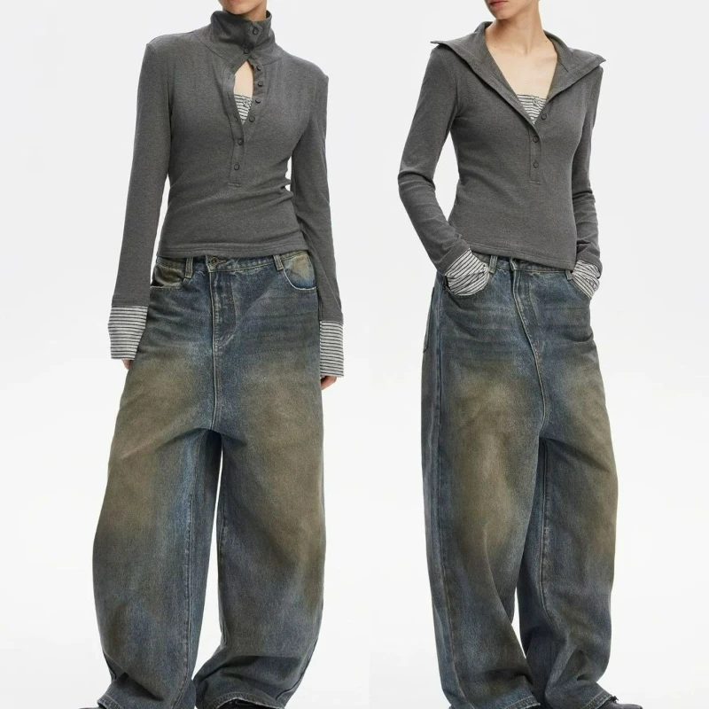 Nouveau printemps automne 2026 mode vêtements d'extérieur couche de Base pour les femmes faux deux col montant minceur élégant col haut tricoté hauts