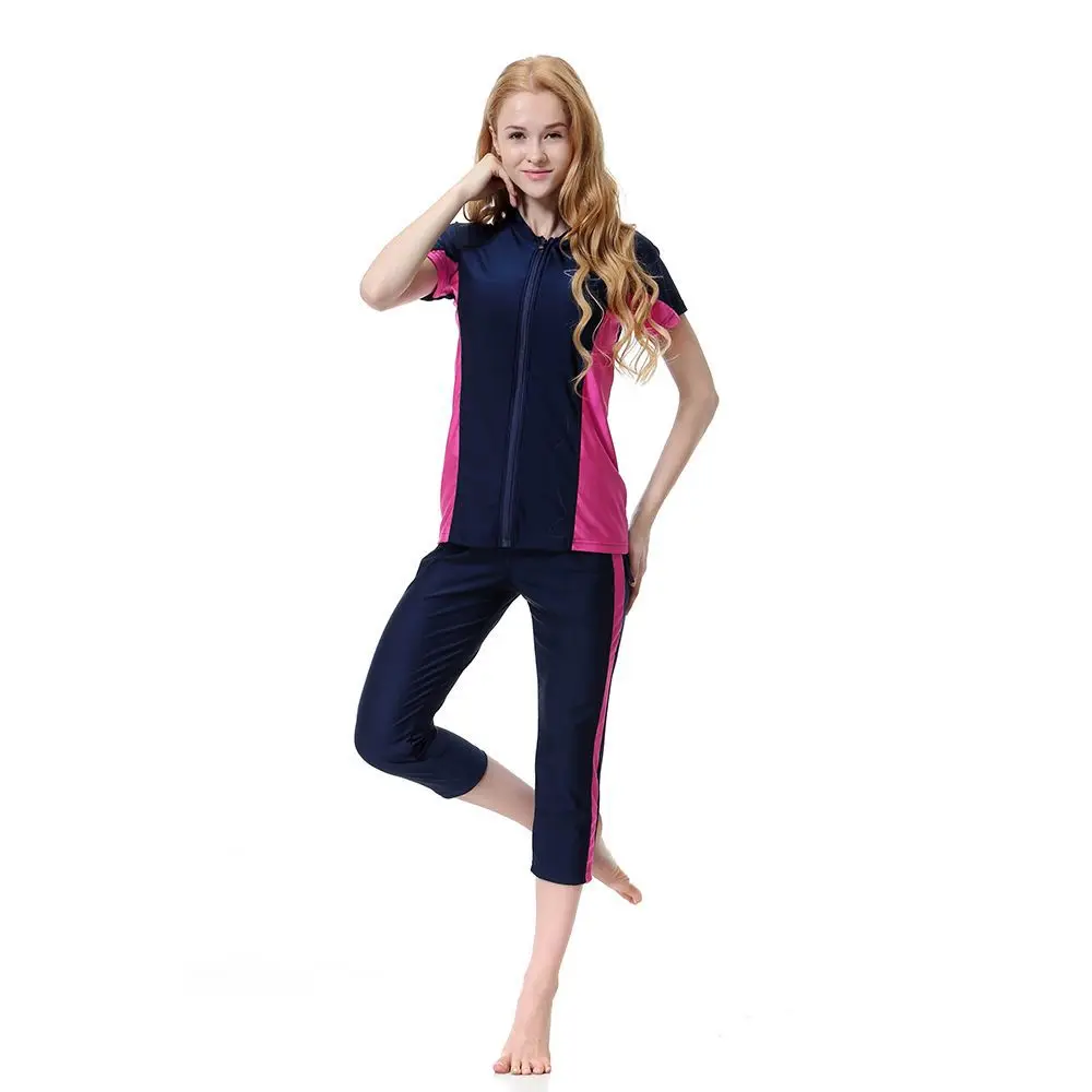 Women Muslim Swimwears Zipper Cardigan Tops Print Pencil Pants Arab Three Pieces Swim Bathing Cap Dubai Sportswear Spliced