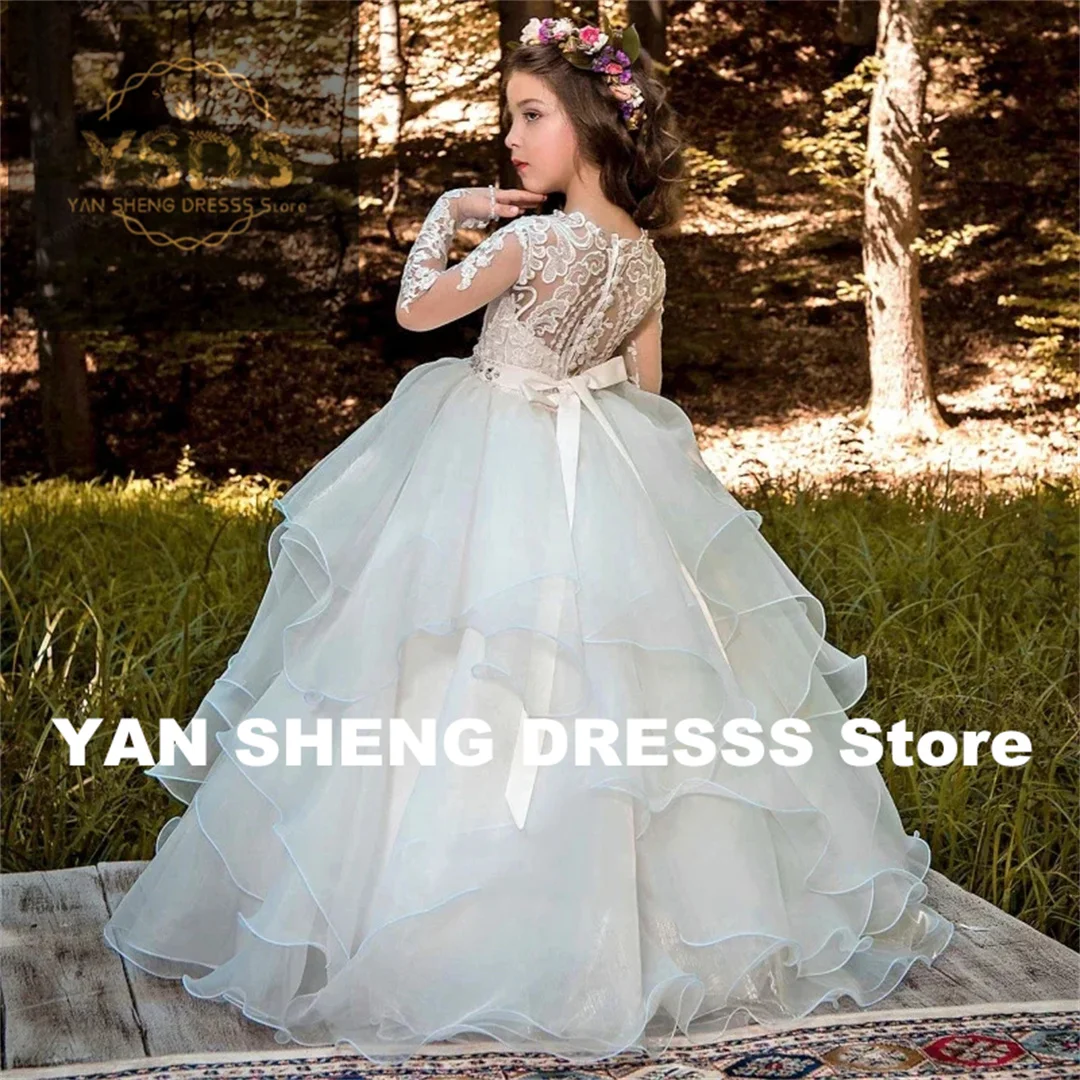 

День рождения, банкет, Святое причастие, платья с цветочным узором для девочек, белый тюль, многоуровневые аппликации с поясом-бантом и длинными рукавами для свадьбы