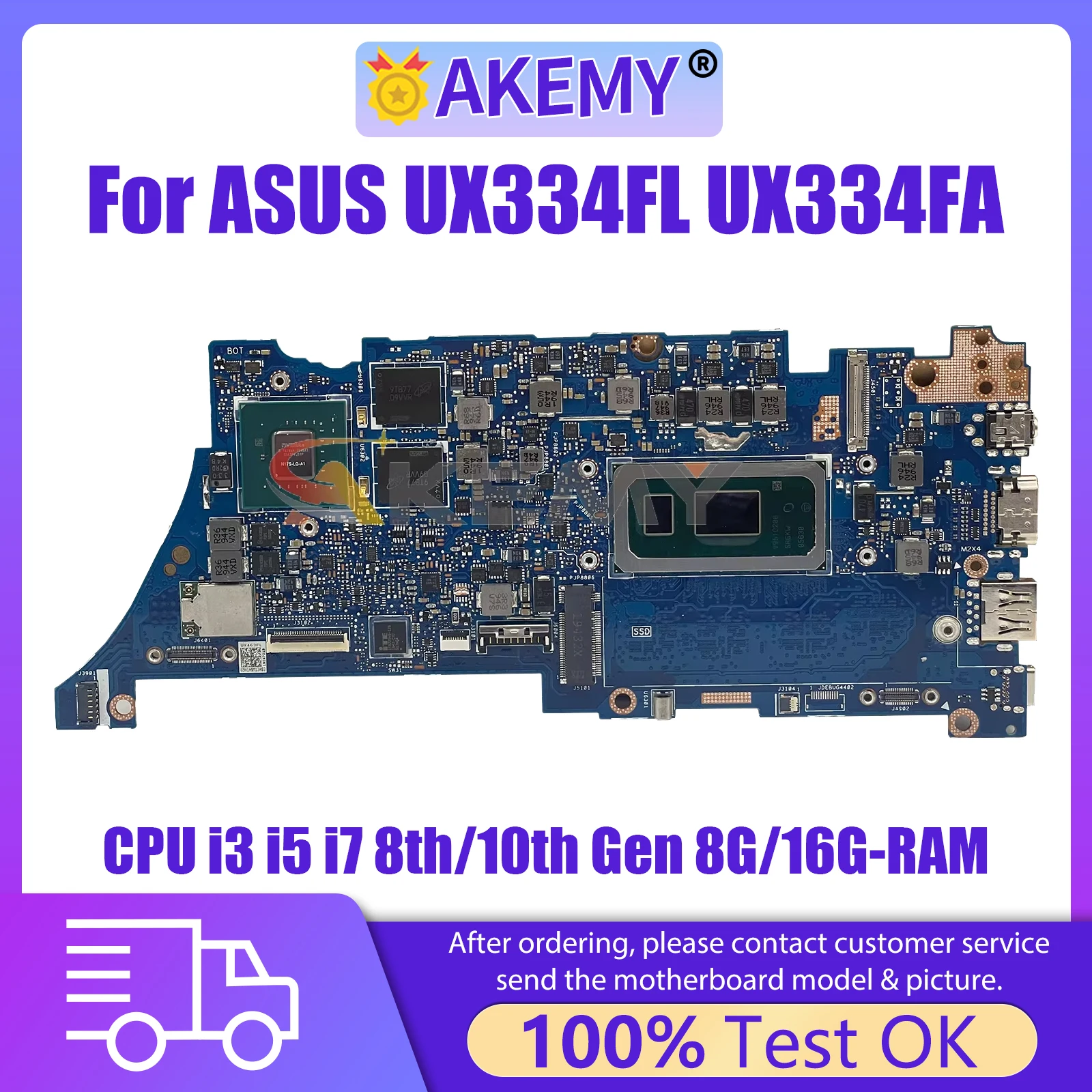 

Материнская плата AKMEY UX334FL Материнская плата ASUS UX434FL UX334FA UX334FLC UX434FLC UX434FA, материнская плата для ноутбука I3 I5 I7 8-го/10-го поколения 8 ГБ/16 ГБ ОЗУ