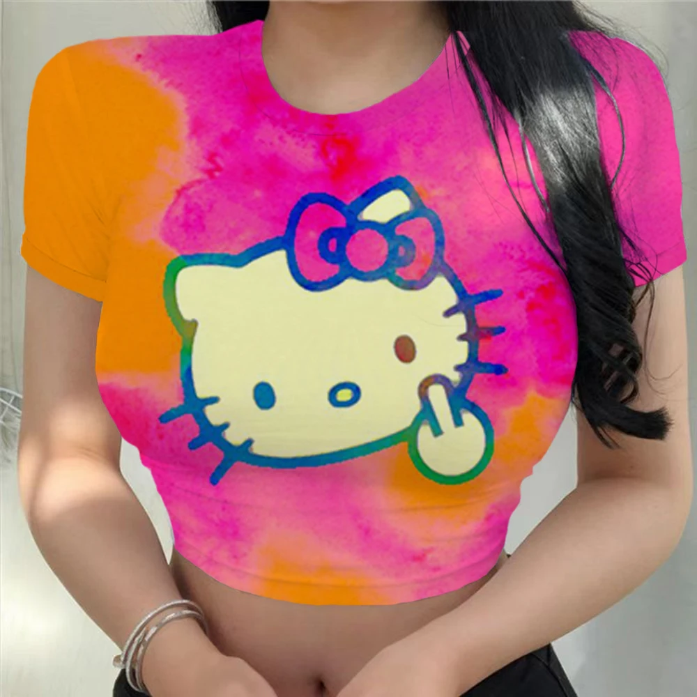 2024 damska letnia koszulka z krótkim rękawem Hello Kitty z nadrukiem wokół dekoltu krótkie topy ultrakrótki seksowny damski prosty modne t-shirty