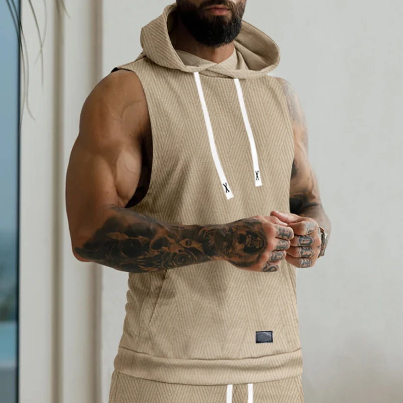 Leisure Sleeveless Hooded T Shirts Men Summer Casual Drawstring Hoodie Mens Tank Tops Vintage Skew Textured Hoodiies Camisoles