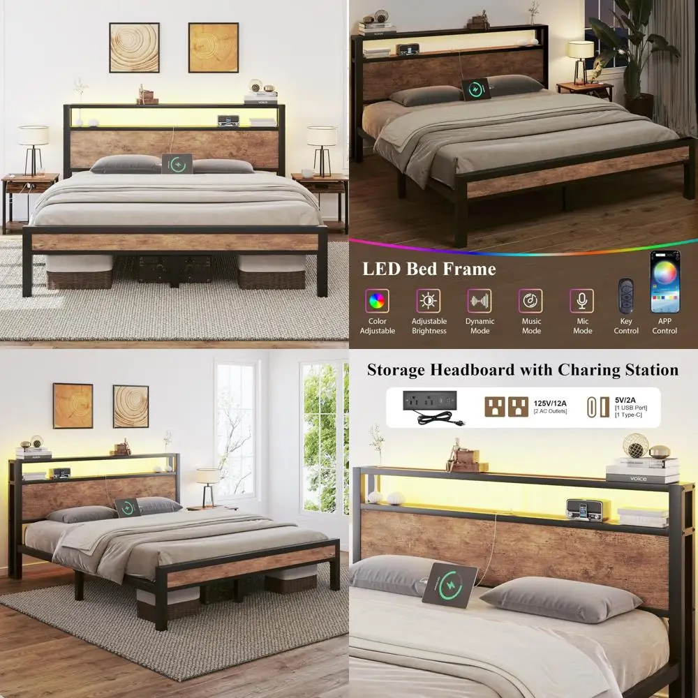 Queen Metal Bed Frame with Built-in Charging Station, LED Lights, and Storage Headboard, Noiseless and Box-Free