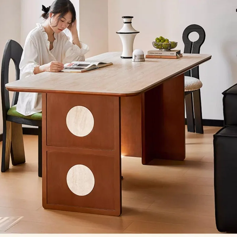 Fomex Chestnut Park Travertine Rock Slab Dining Table Nordic Retro Home Restaurant Dining Table Thickened Solid Wood Workbench L