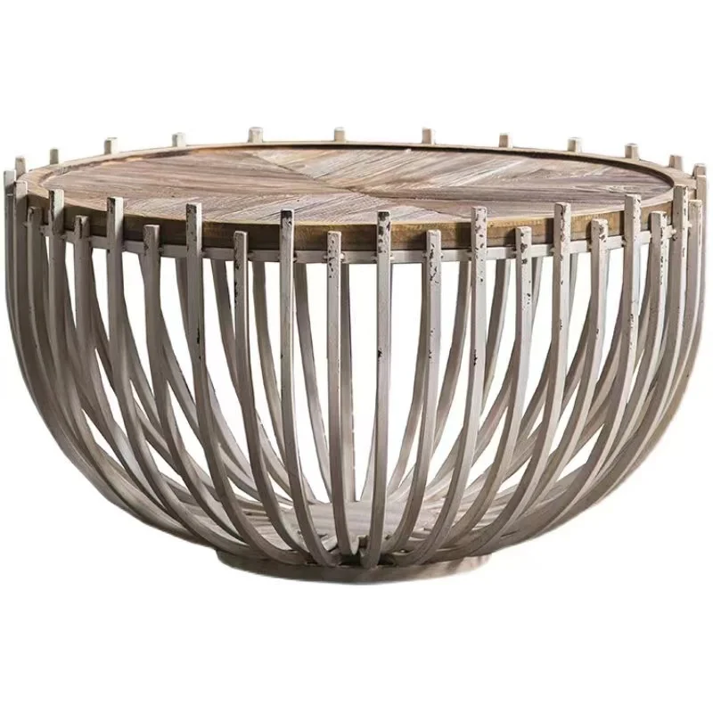 American vintage rattan woven round coffee table creative small round table with iron base sofa side table for living room