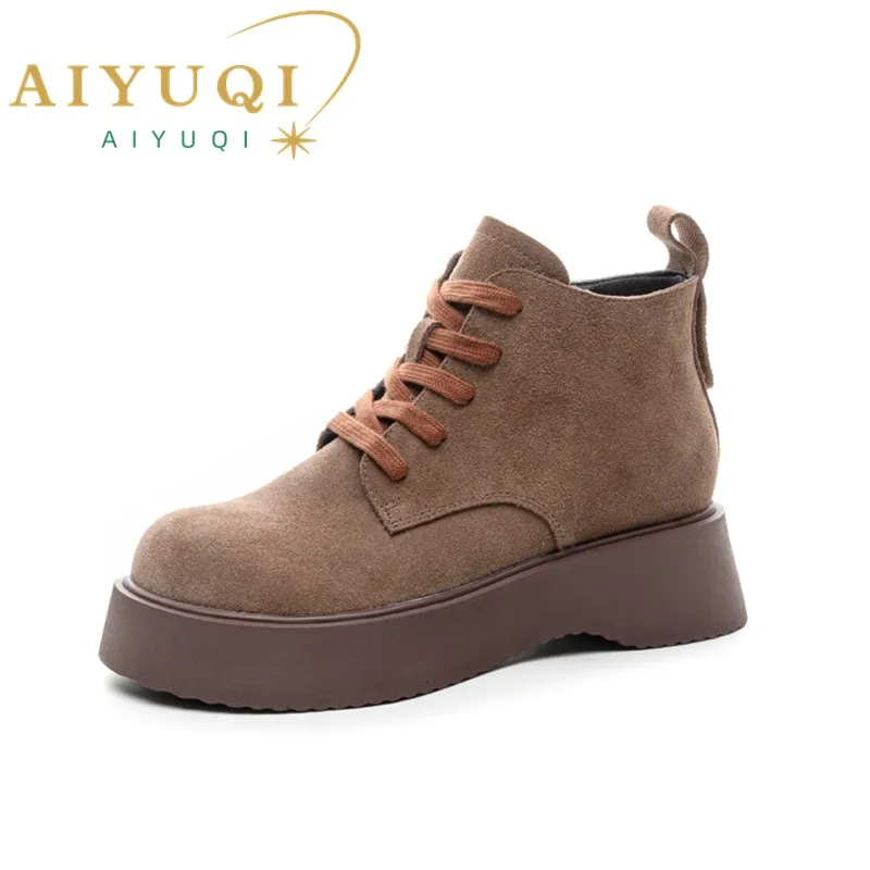 

AIYUQI Ankle Boots Women Spring 2025 New Genuine Leather Lace-up Booties Women Internal Increase Retro Student Boots Women