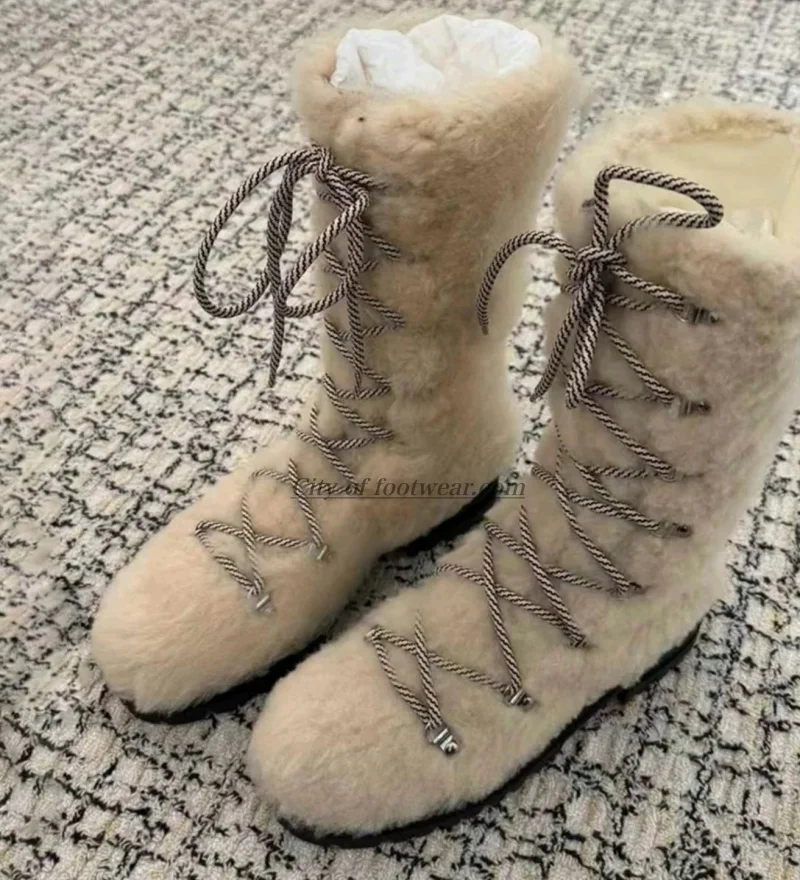 Women's white lamb hair lace up winter snow boots round toe flats fur mid calf boots luxury 2026 new in designer comfy shoes