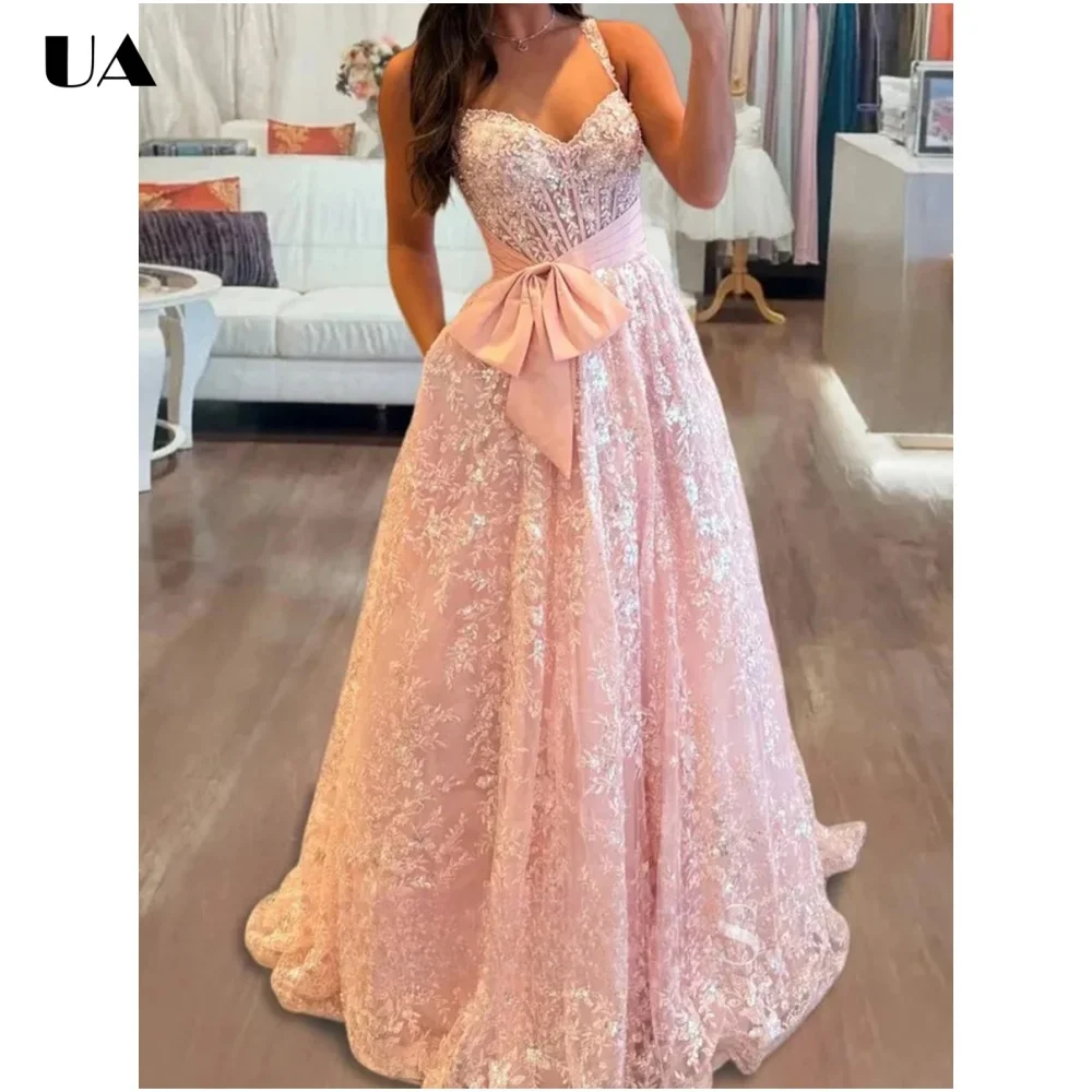 

Customized A-line Sweetheart Neck Bow Evening Dresses for Women, Exquisite Sequined Prom Dress, Elegant Sweep Train Ball Gown