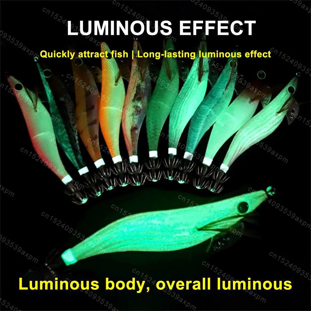 Luminous Squid Jig Hard Baits Fishing Wood Shrimp Lure Squid Cuttlefish Jigs Lures Hook Octopus Shrimp Hard Fishing Hard Bait