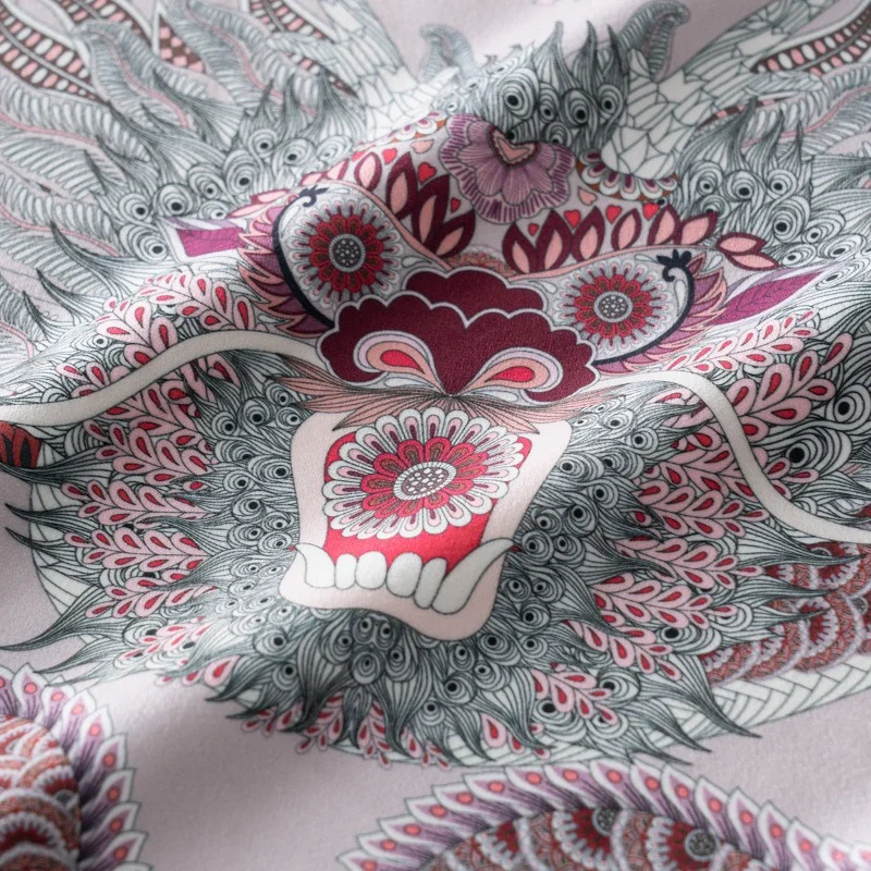 Vintage Chinoiserie Velvet Cushion Cover Big Chinese Dragon surrounded by Exotic Floral Print Grey Background Decorative Square