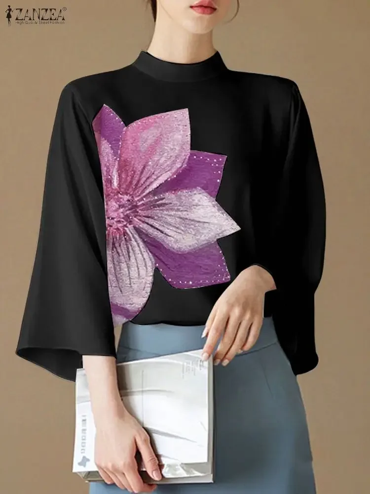 

ZANZEA Women Blouse 2025 Autumn Elegant Stand Neck Office Shirt Stylish Flare Sleeve Printed Tops Tunic Female OL Work Blusas