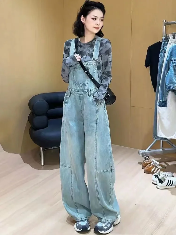 

XS-XL jean womens 2026 Spring Autumn Blue wide leg trousers jumpsuit korean casual denim overalls womens Jeans Female